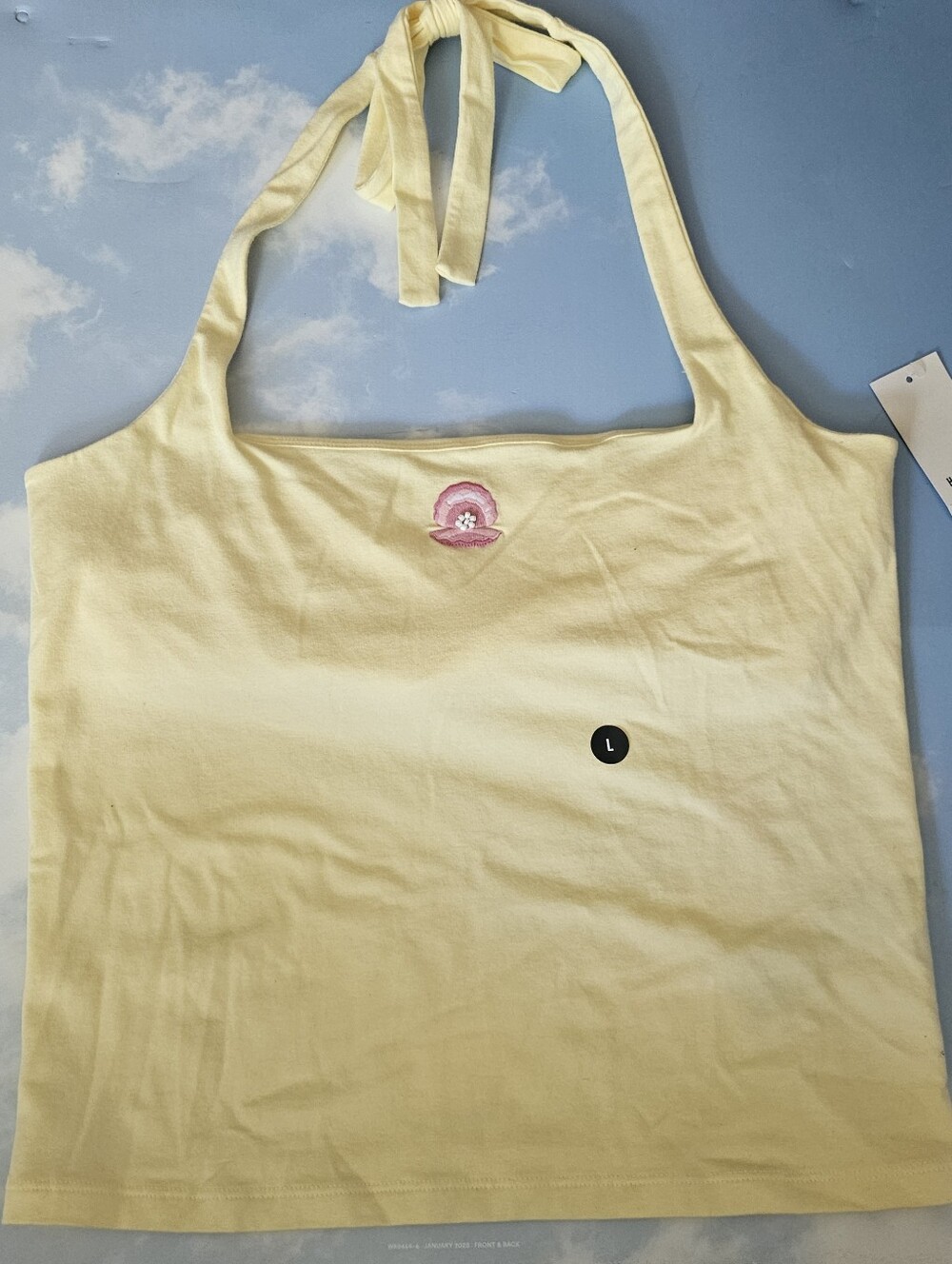 Hollister Shell Yellow Halter Tank Top with Pink Embroidered Shell Design
